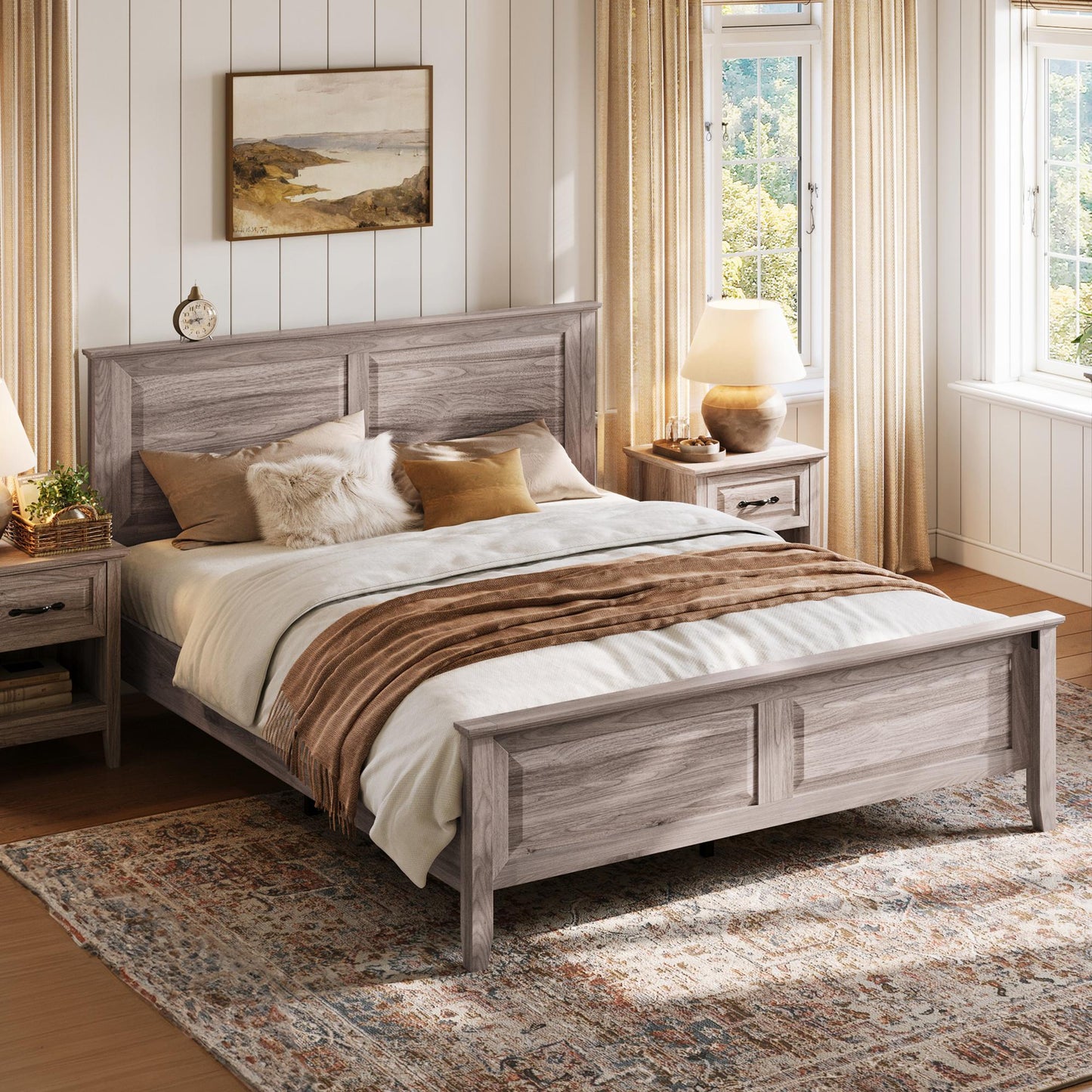 Wood Queen Bed Frame with Headboard and High Footboard, Farmhouse Style, Easy Assembly, Noise-Free, No Box Spring Required