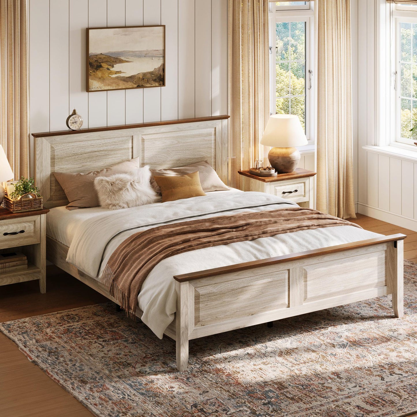 Wood Queen Bed Frame with Headboard and High Footboard, Farmhouse Style, Easy Assembly, Noise-Free, No Box Spring Required