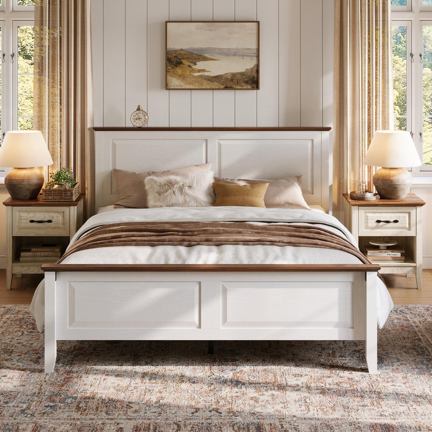 Wood Queen Bed Frame with Headboard and High Footboard, Farmhouse Style, Easy Assembly, Noise-Free, No Box Spring Required