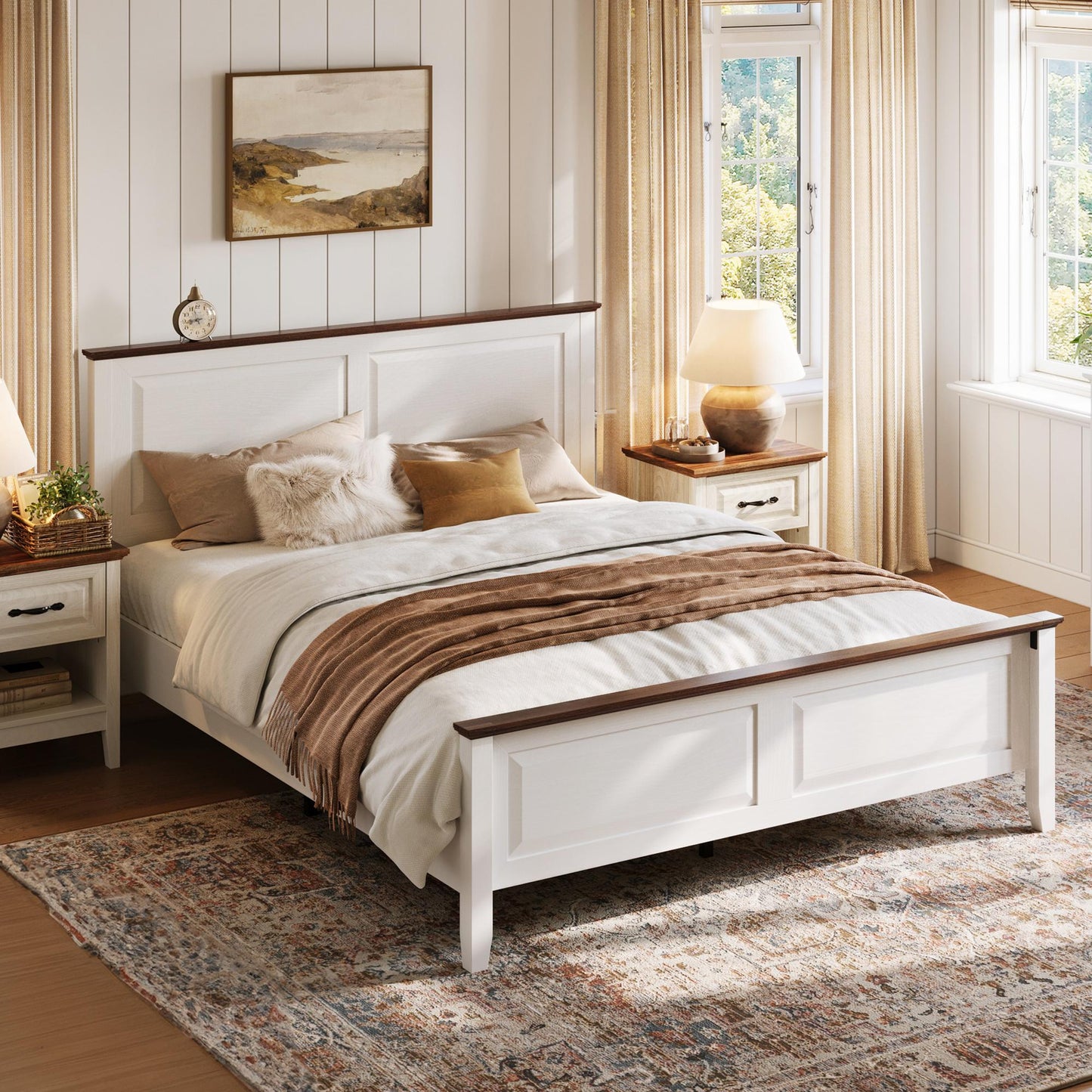 Wood Queen Bed Frame with Headboard and High Footboard, Farmhouse Style, Easy Assembly, Noise-Free, No Box Spring Required