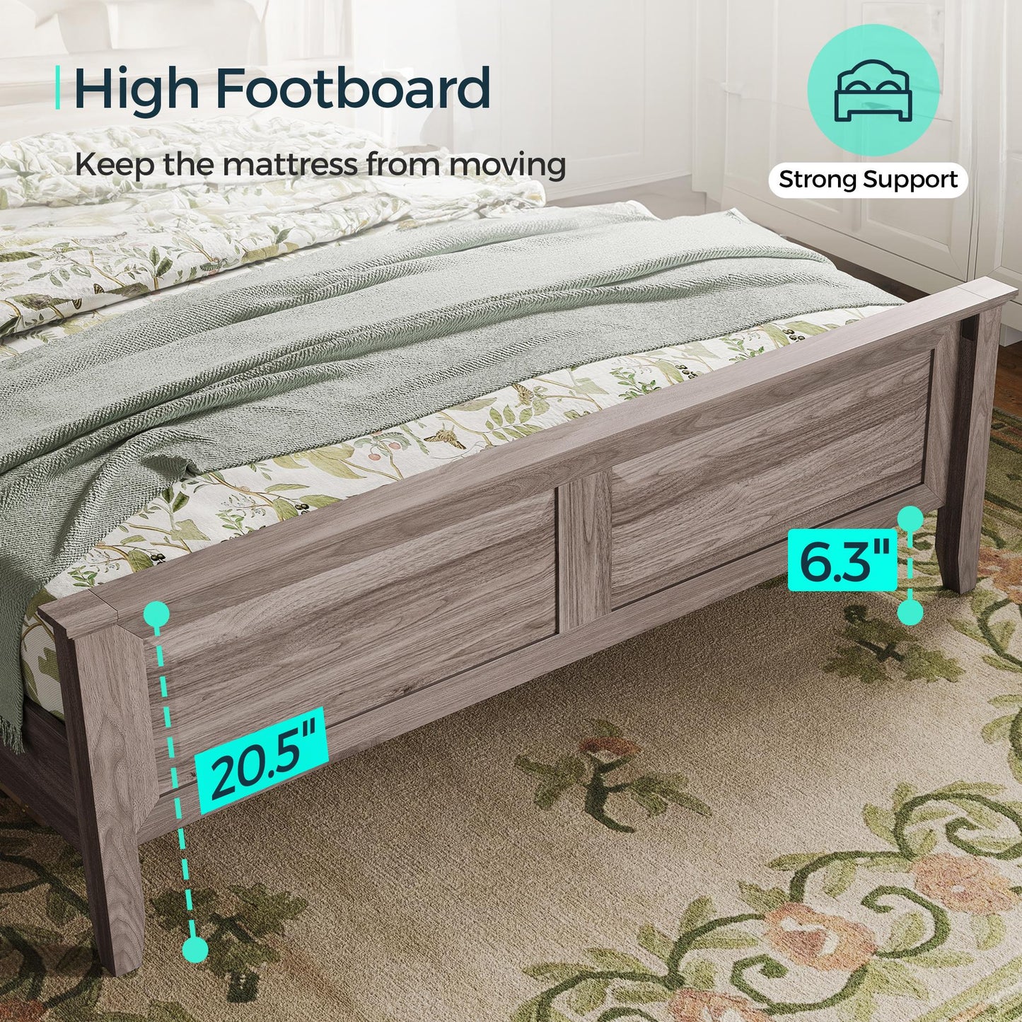 Wood Queen Bed Frame with Headboard and High Footboard, Farmhouse Style, Easy Assembly, Noise-Free, No Box Spring Required