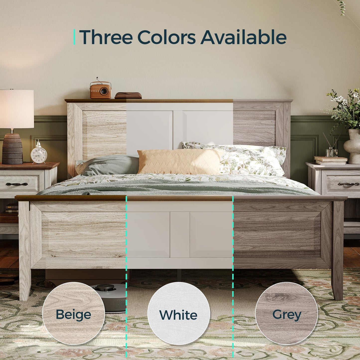 Wood Queen Bed Frame with Headboard and High Footboard, Farmhouse Style, Easy Assembly, Noise-Free, No Box Spring Required