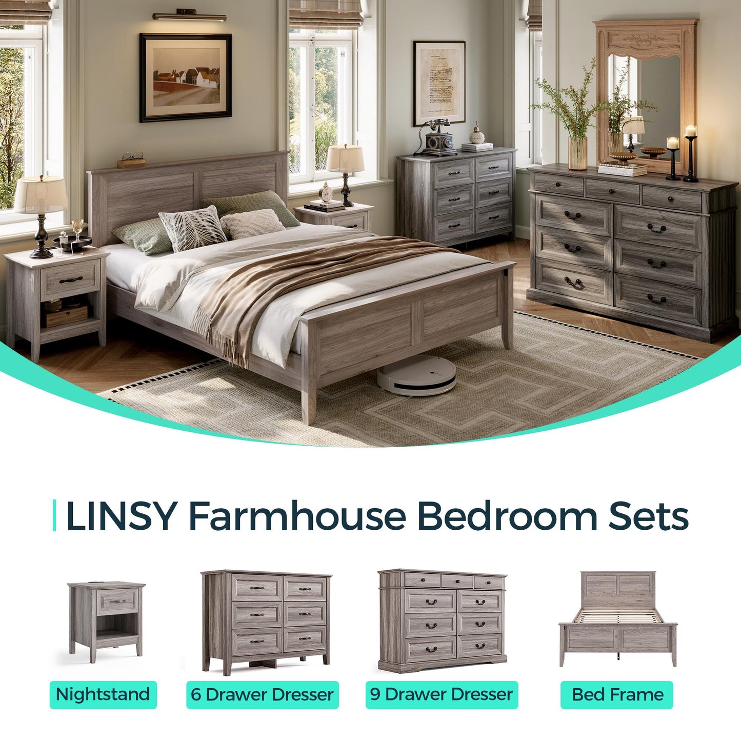 Wood Queen Bed Frame with Headboard and High Footboard, Farmhouse Style, Easy Assembly, Noise-Free, No Box Spring Required
