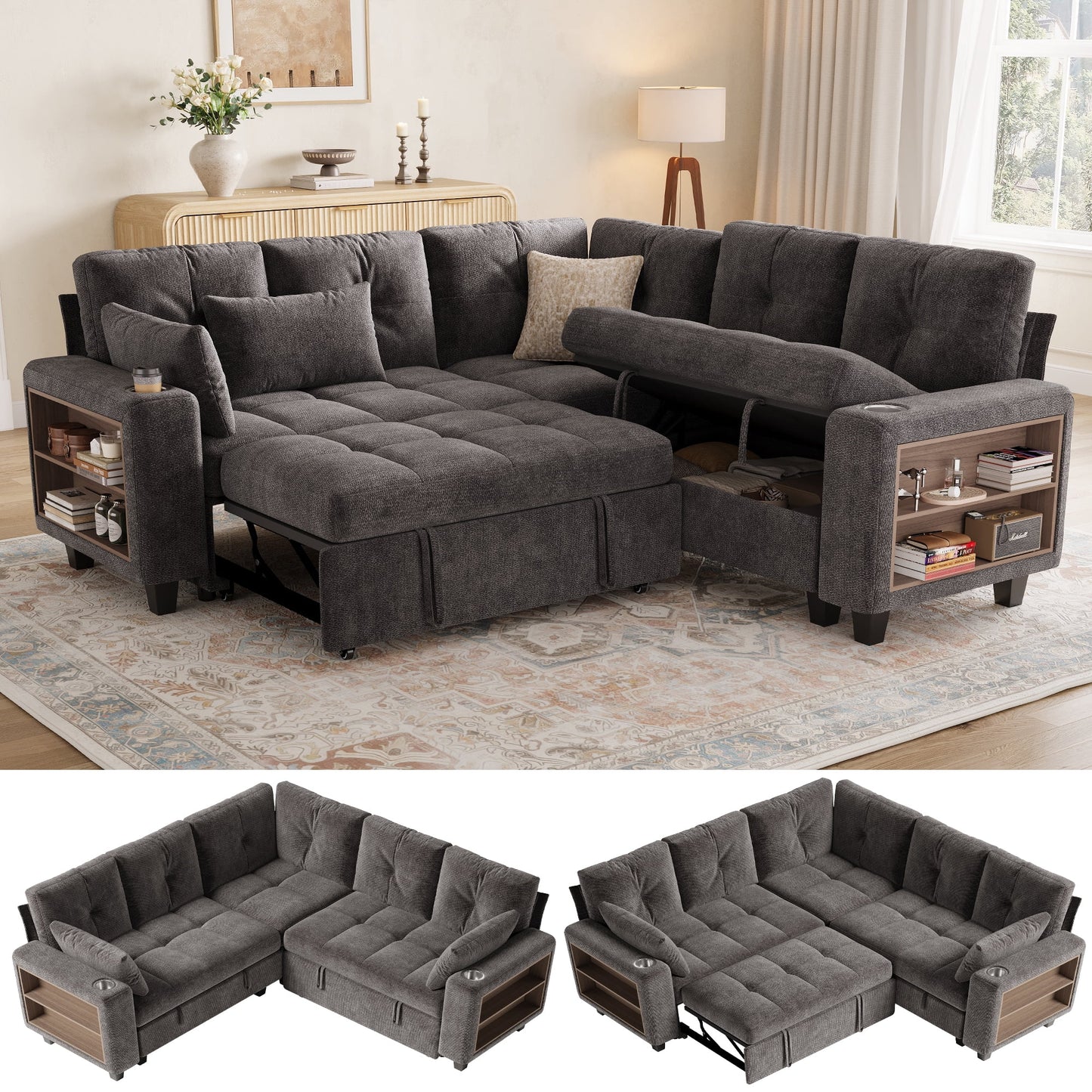 LINSY HOME 83in Modular Sectional Sofa with Pull Out Bed, Multi-functional Armrest & Storage Chaise, 5-Seat Pull Out Couch with Shelves, USB Ports & Cup Holders, Chenille Gray