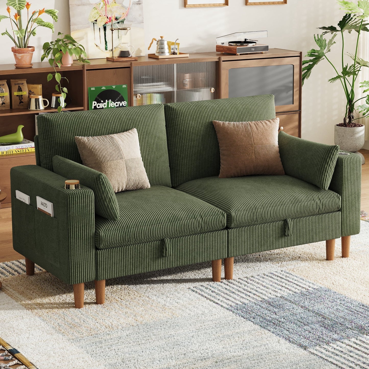 LINSY HOME 76in Modular Loveseat with Storage for Small Places, Comfy Deep Seat Corduroy Sofa with USB Charging Port, Side Pocket & Cup Holder for Living Room Bedroom