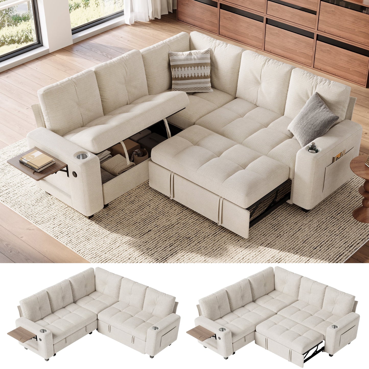 LINSY HOME 83in Modular Sectional Sofa with Pull Out Bed, Foldable Side Table & Storage Chaise, 5-Seat L Shape Couch with USB Charging for Living Room, Chenille Beige