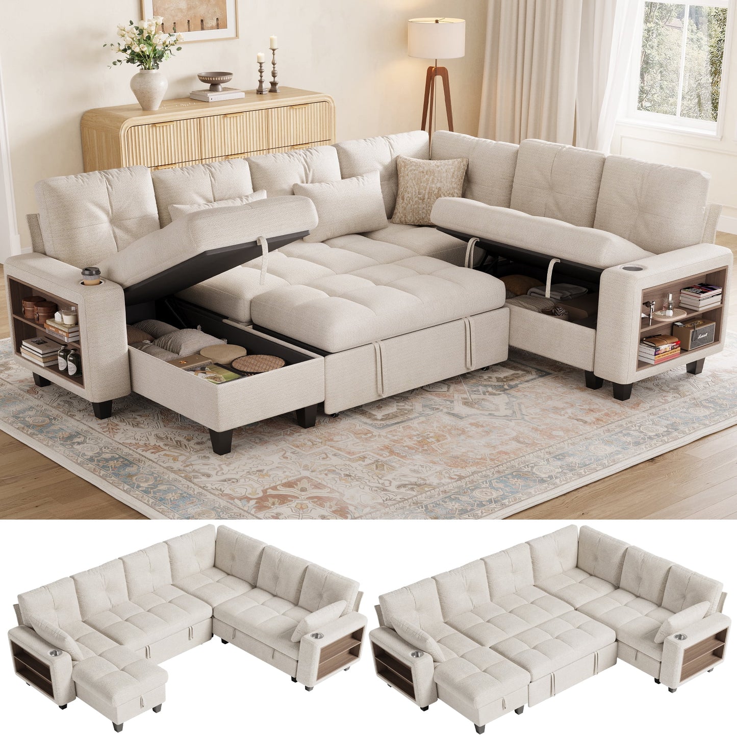 LINSY HOME 107in Modular Sectional Sofa with Pull Out Bed, Multi-functional Armrest & Storage Chaise, 6-Seat Pull Out Couch with Shelves, USB Ports & Cup Holders, Chenille Beige