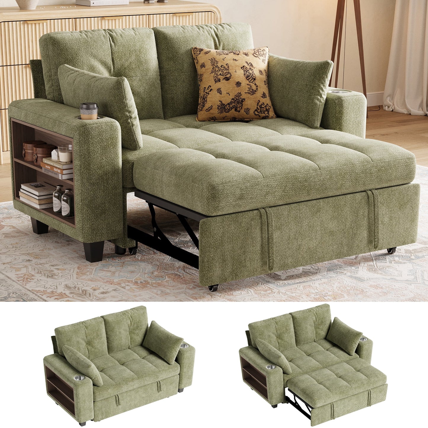 LINSY HOME 57.4in Modular Sectional Sofa with Pull Out Bed & Multi-functional Armrest for Small Spaces, 2-Seat Pull Out Couch with Shelves, USB Ports & Cup Holders, Chenille Green