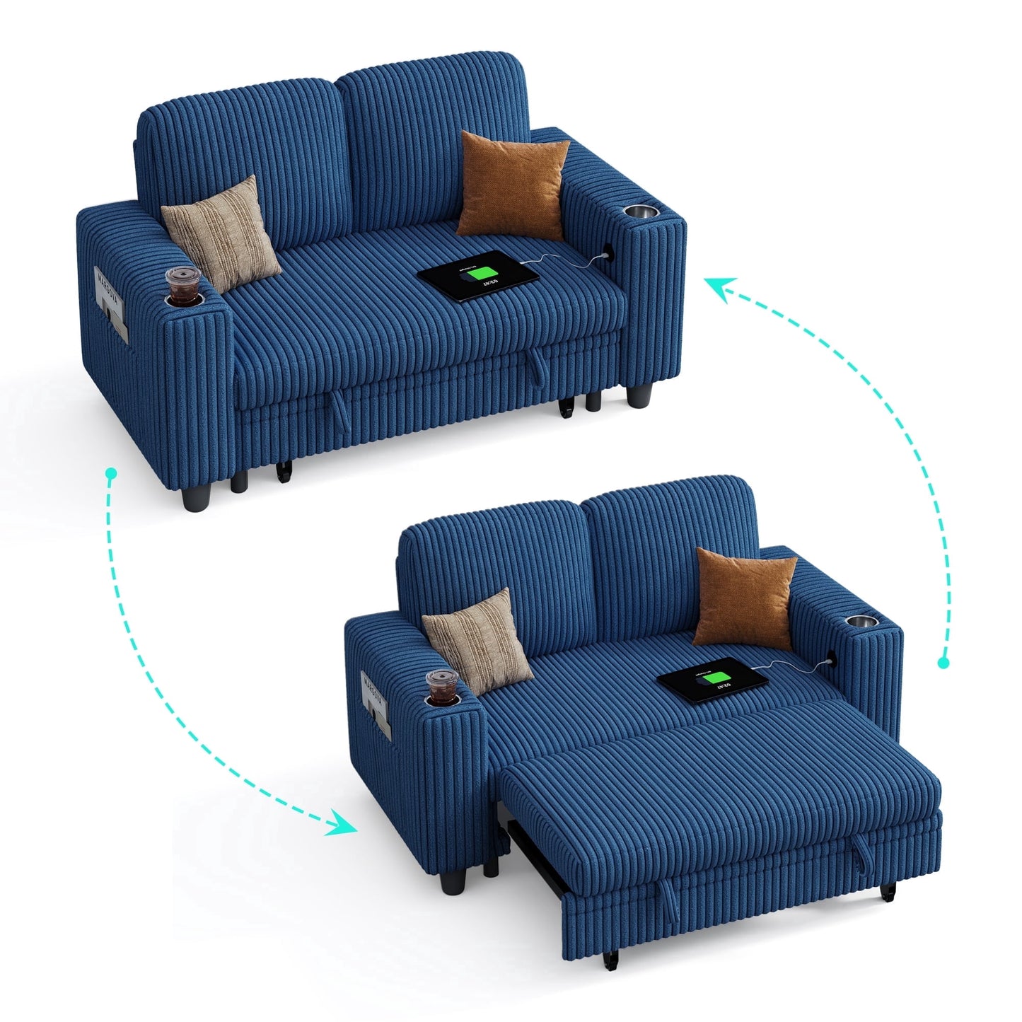 LINSY HOME Pull Out Couch Chaise Lounge for Living Room, Convertible Loveseat Sofa Couch With Usb & Cup Holder