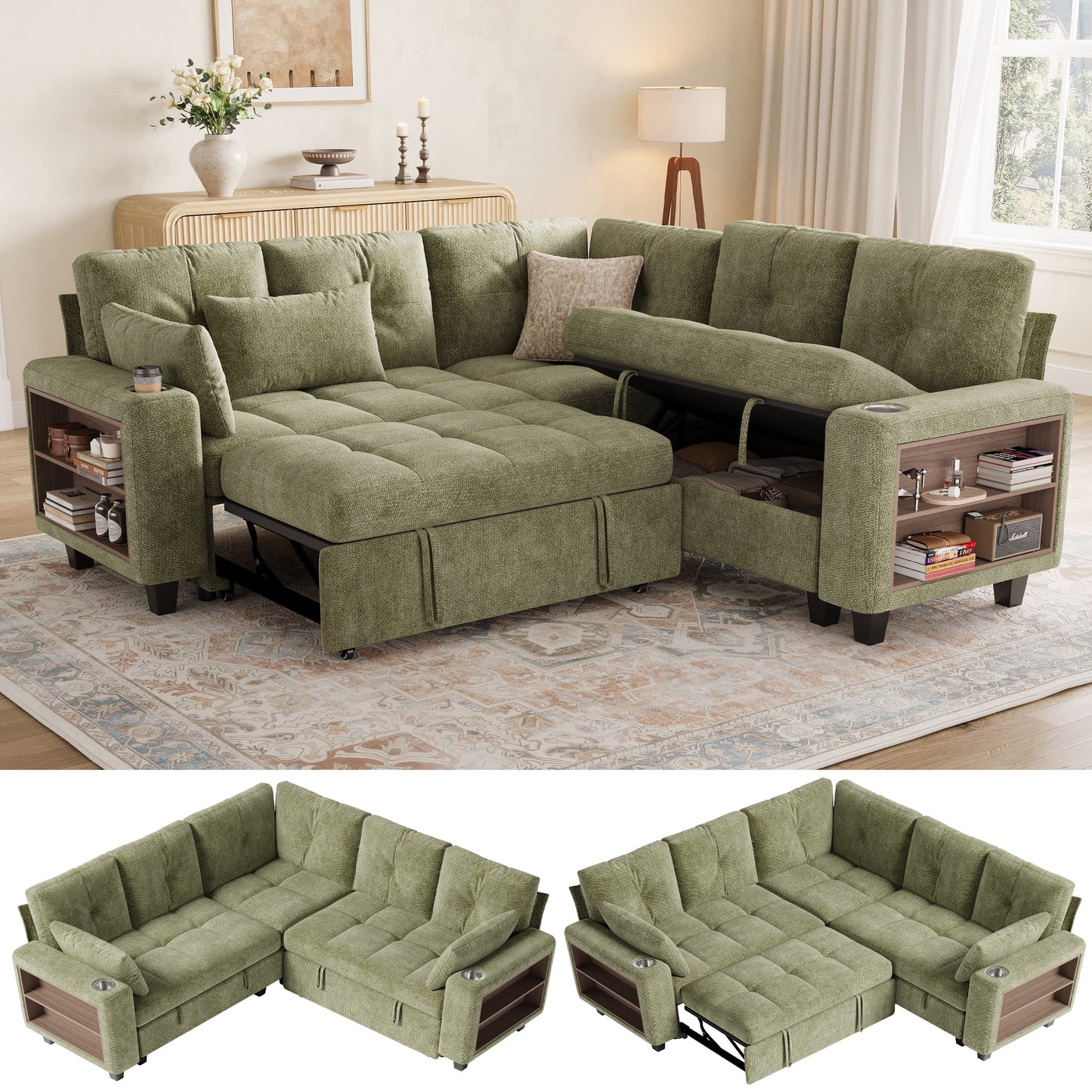 LINSY HOME 83in Modular Sectional Sofa with Pull Out Bed, Multi-functional Armrest & Storage Chaise, 5-Seat Pull Out Couch with Shelves, USB Ports & Cup Holders, Chenille Green