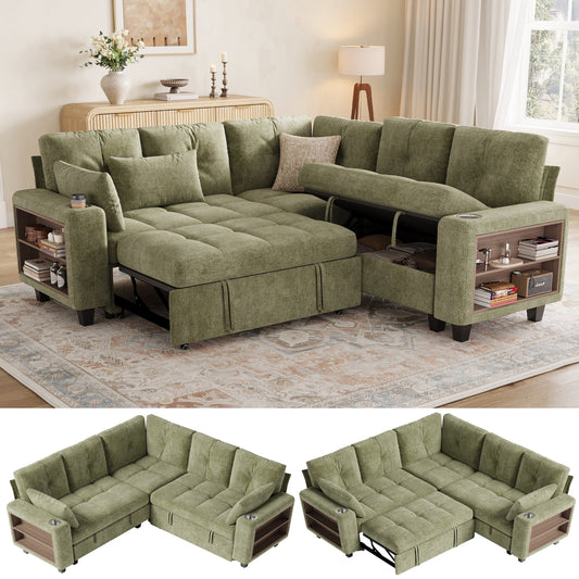 LINSY HOME 83in Modular Sectional Sofa with Pull Out Bed, Multi-functional Armrest & Storage Chaise, 5-Seat Pull Out Couch with Shelves, USB Ports & Cup Holders, Chenille Green
