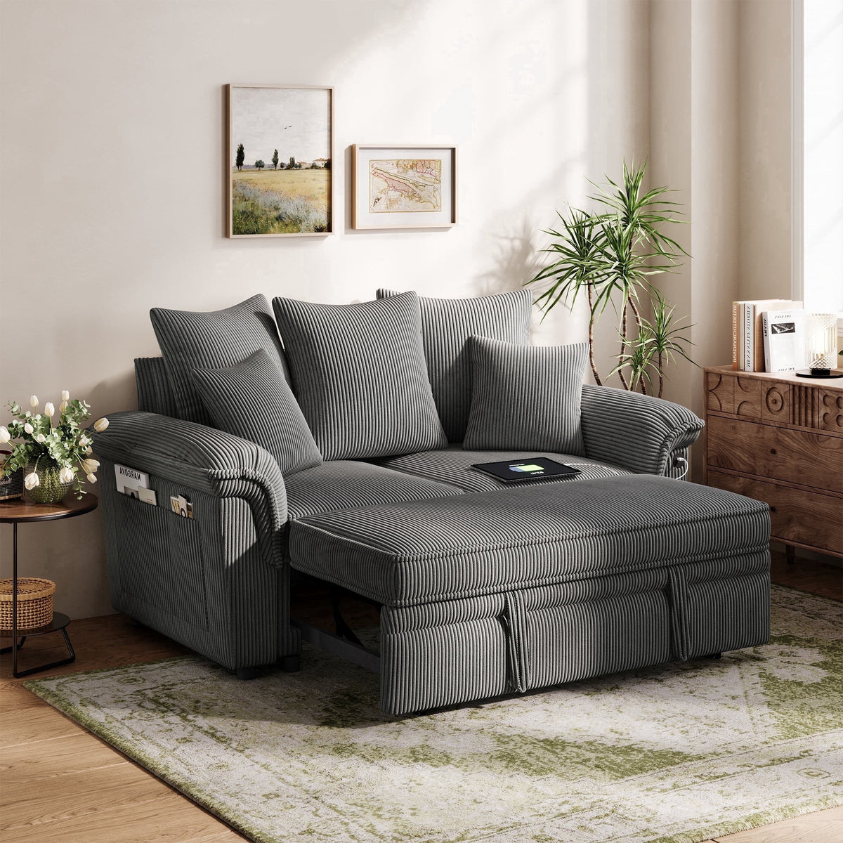 LINSY HOME Modular Sectional Sofa, Sleeper Sofa Bed with Reversible Storage Chaise, Pull Out Couch Bed with USB, Side Pocket & Two Pillows