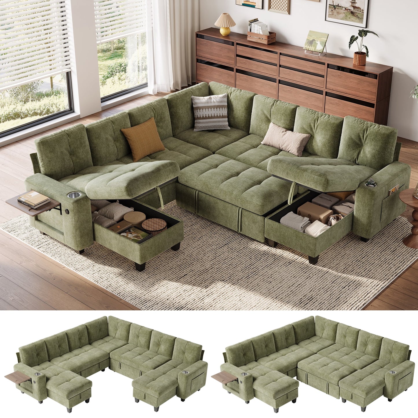 LINSY HOME 107in Modular Sectional Sofa with Pull Out Bed, Foldable Side Table & Storage Chaise, 7-Seat L Shape Couch with USB Charging for Living Room, Chenille Green