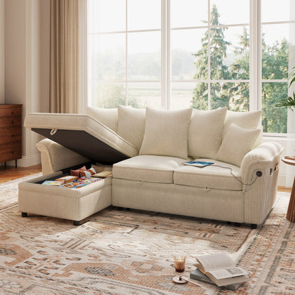 Linsy HS039-02 Pull Out Couch Chaise Lounge, Convertible Loveseat Sofa Couch with Usb & Two Pillows