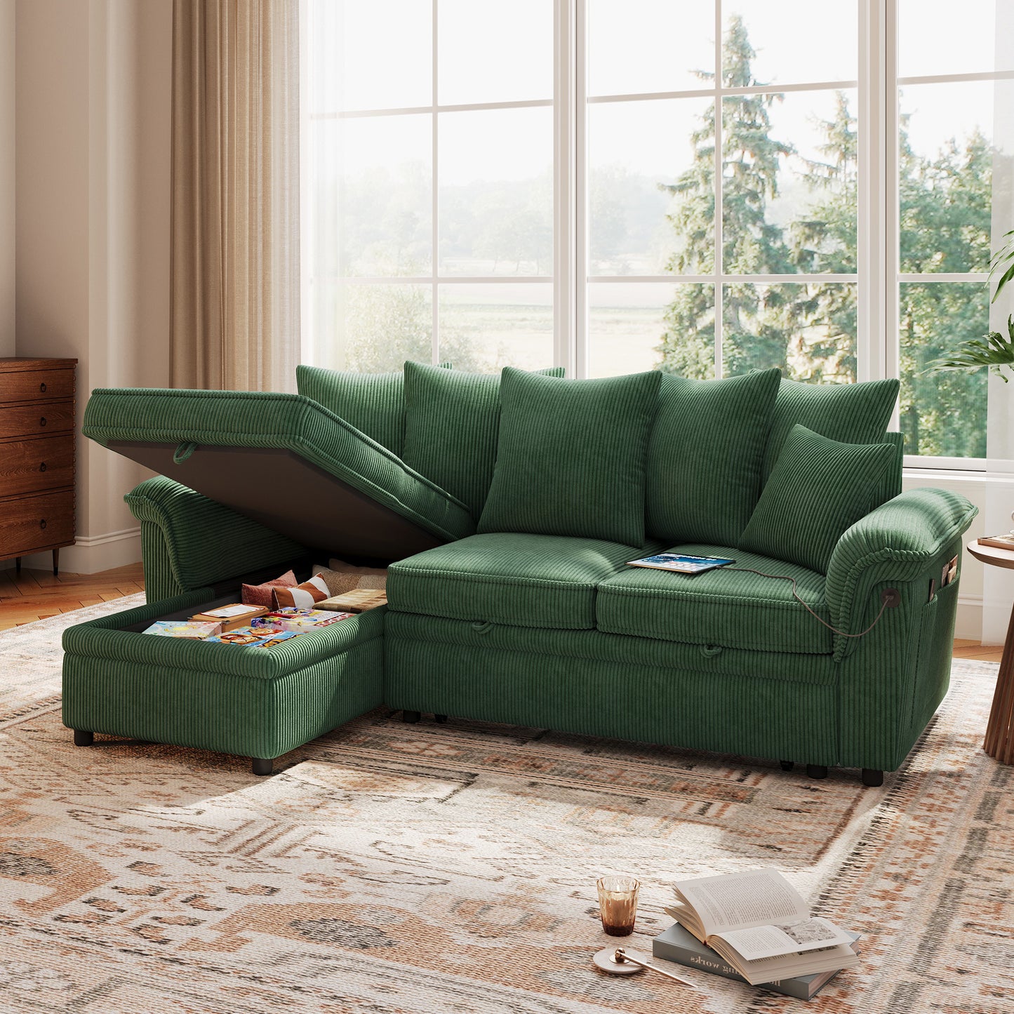 Linsy HS039-02 Pull Out Couch Chaise Lounge, Convertible Loveseat Sofa Couch with Usb & Two Pillows