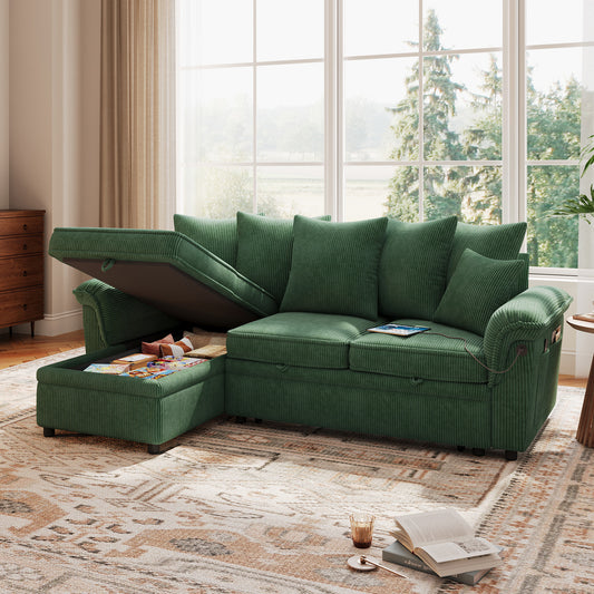 Linsy HS039-02 Pull Out Couch Chaise Lounge, Convertible Loveseat Sofa Couch with Usb & Two Pillows