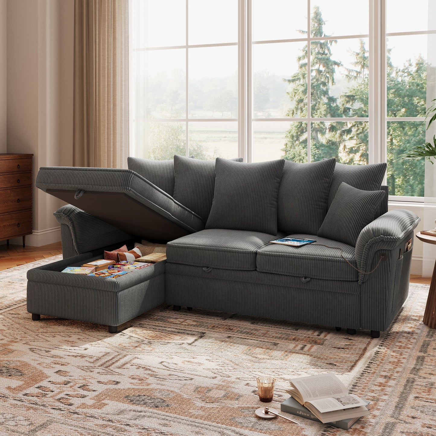 Linsy HS039-02 Pull Out Couch Chaise Lounge, Convertible Loveseat Sofa Couch with Usb & Two Pillows