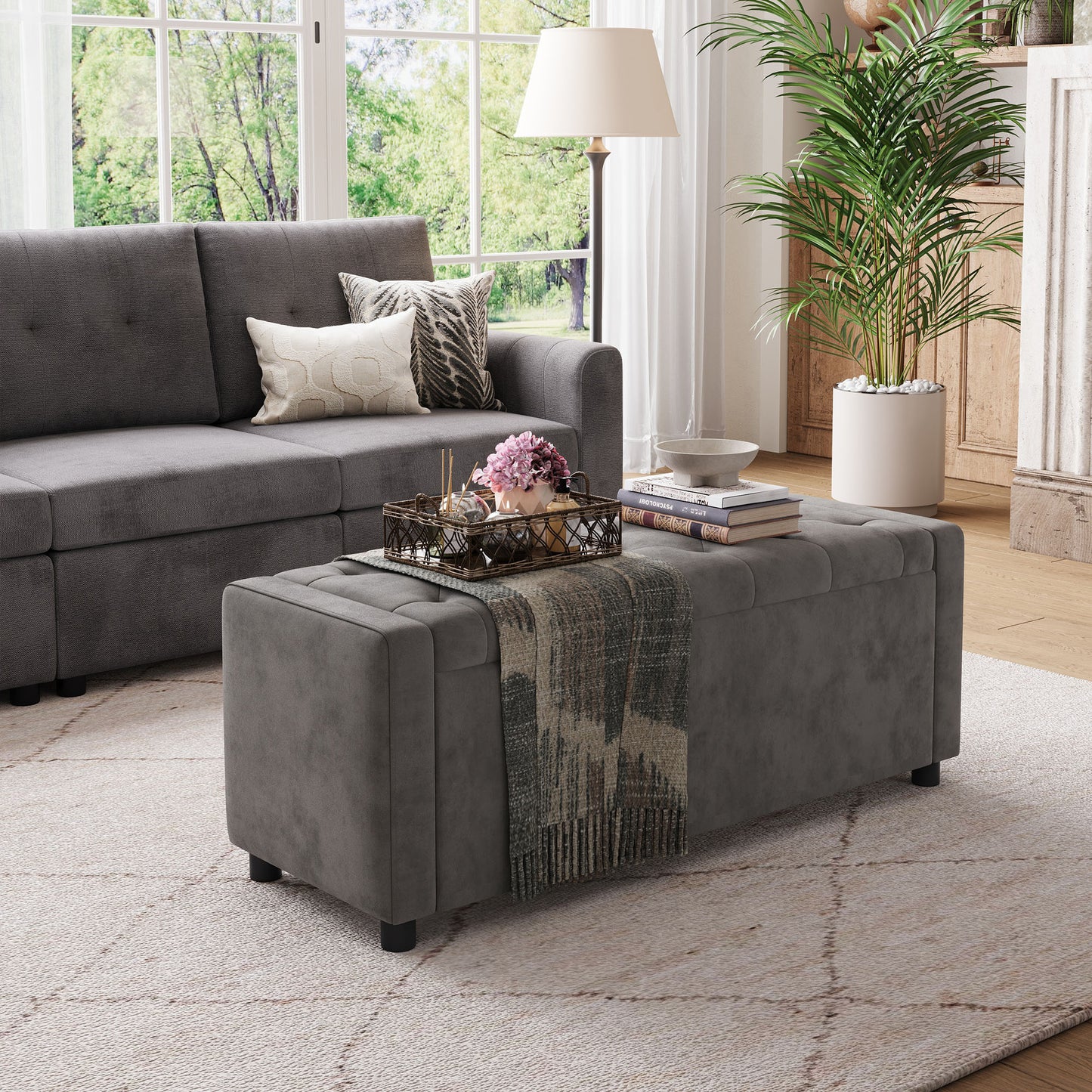 Linsy Home 50" Ottoman with Storage for Living Room, Velvet Storage Ottoman Bench with Gas Lift, Beige