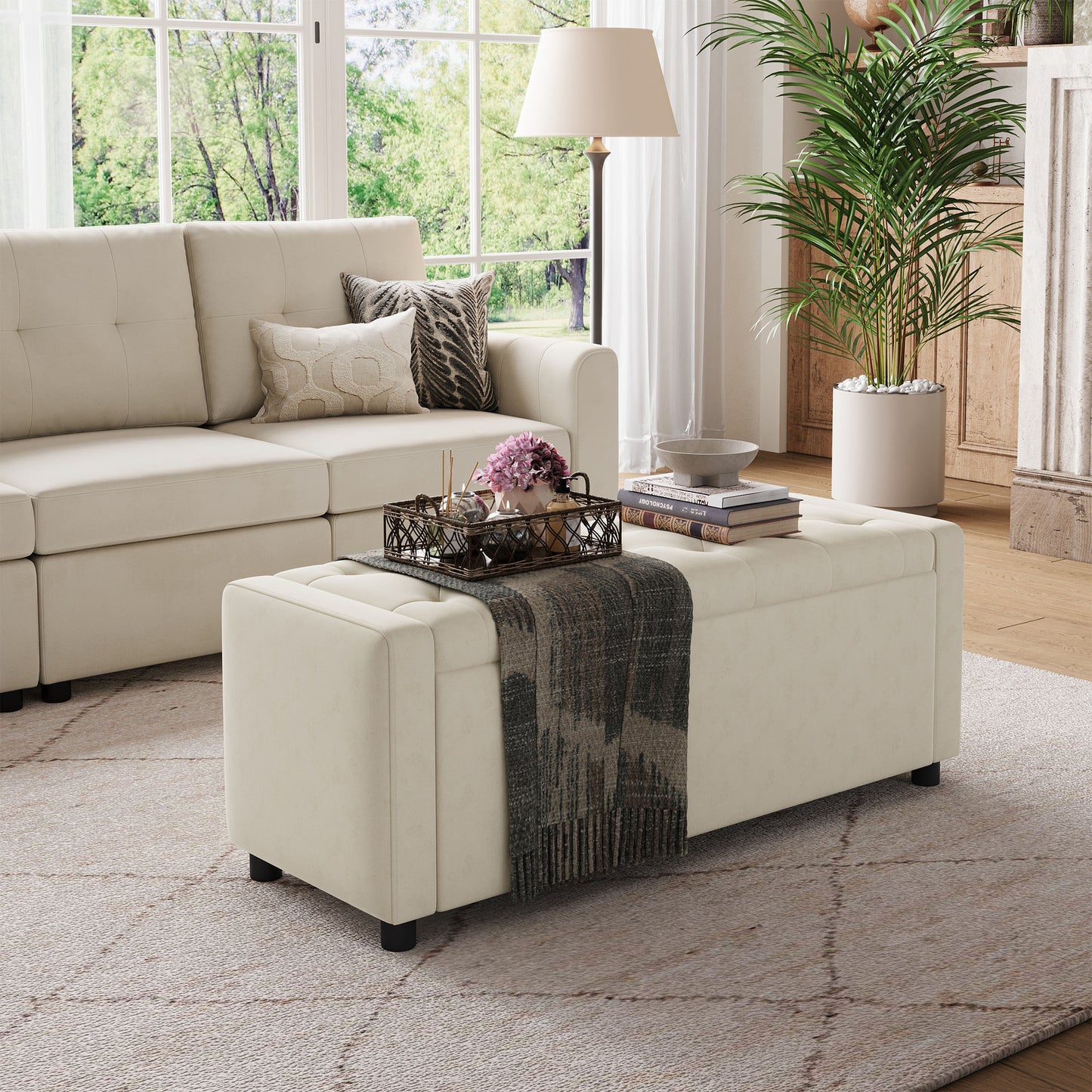 Linsy Home 50" Ottoman with Storage for Living Room, Velvet Storage Ottoman Bench with Gas Lift, Beige