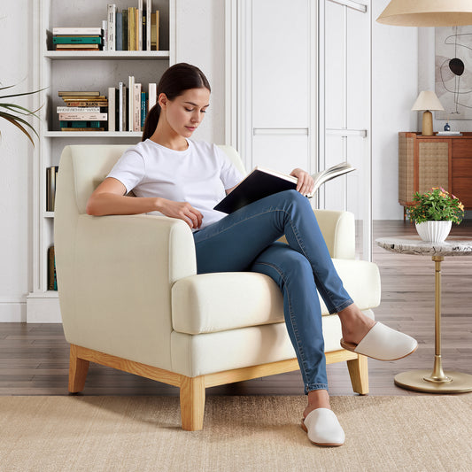Large Accent Chair, Mid Century Modern Reading Chair with Rubberwood Base