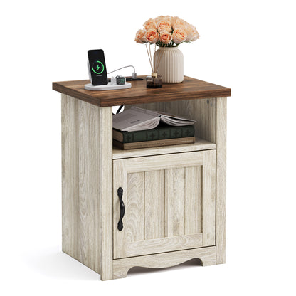 Farmhouse Nightstand, End Table  with Build-in Charging Station for Bedroom, Living room