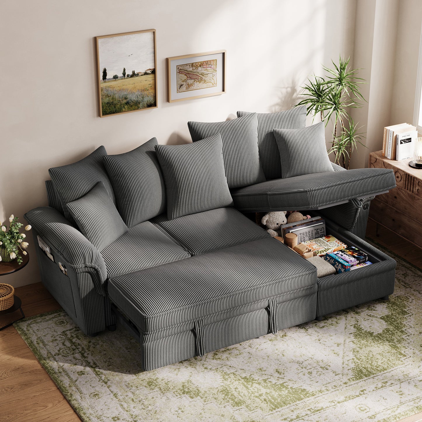 Linsy HS039-02 Pull Out Couch Chaise Lounge, Convertible Loveseat Sofa Couch with Usb & Two Pillows