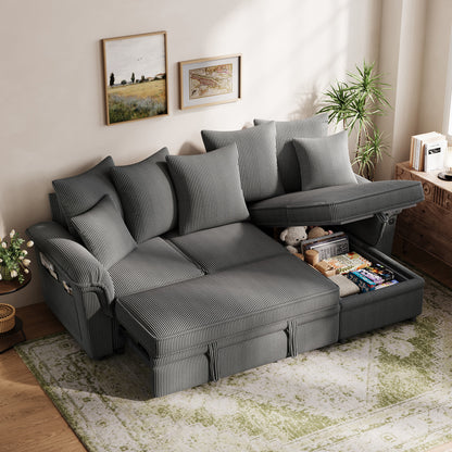 Linsy HS039-02 Pull Out Couch Chaise Lounge, Convertible Loveseat Sofa Couch with Usb & Two Pillows