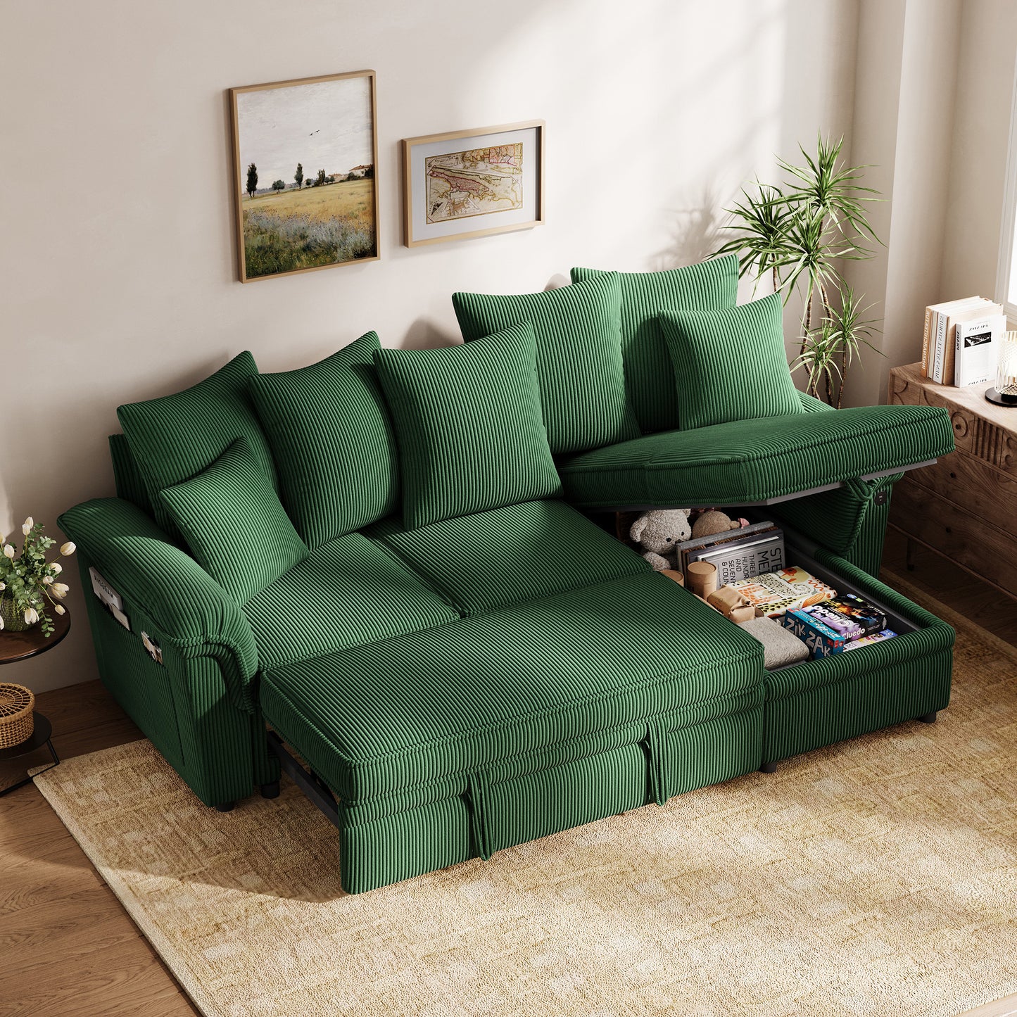 Linsy Home HS039-03 Sofa Bed with Reversible Storage Chaise, Pull Out Couch Bed with USB