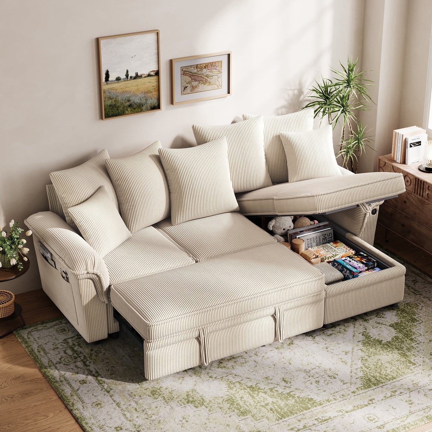 Linsy HS039-02 Pull Out Couch Chaise Lounge, Convertible Loveseat Sofa Couch with Usb & Two Pillows