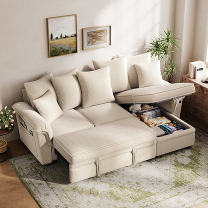 Linsy HS039-02 Pull Out Couch Chaise Lounge, Convertible Loveseat Sofa Couch with Usb & Two Pillows