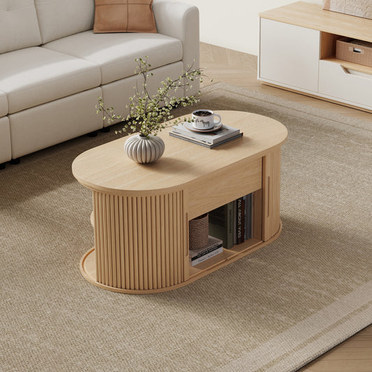 Mid-Century Lift-Top Coffee Table with Fluted Details & Hidden Storage, Sliding Tambour Door