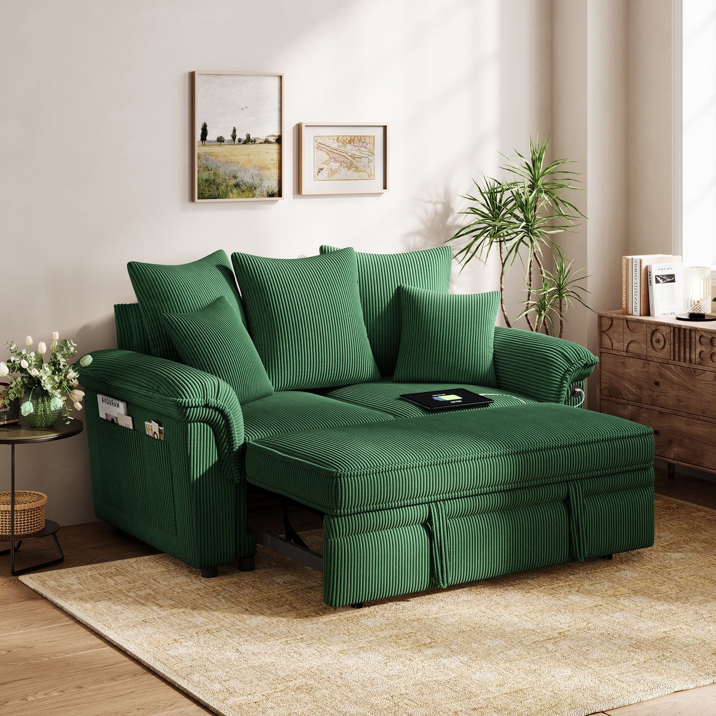 Linsy HS039-01 Pull Out Couch Chaise Lounge, Convertible Loveseat Sofa Couch with Usb & Two Pillows
