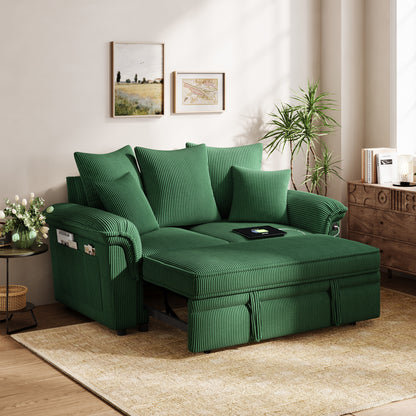 Linsy HS039-01 Pull Out Couch Chaise Lounge, Convertible Loveseat Sofa Couch with Usb & Two Pillows