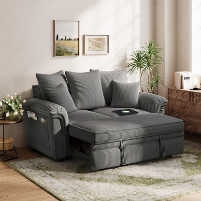 Linsy HS039-01 Pull Out Couch Chaise Lounge, Convertible Loveseat Sofa Couch with Usb & Two Pillows