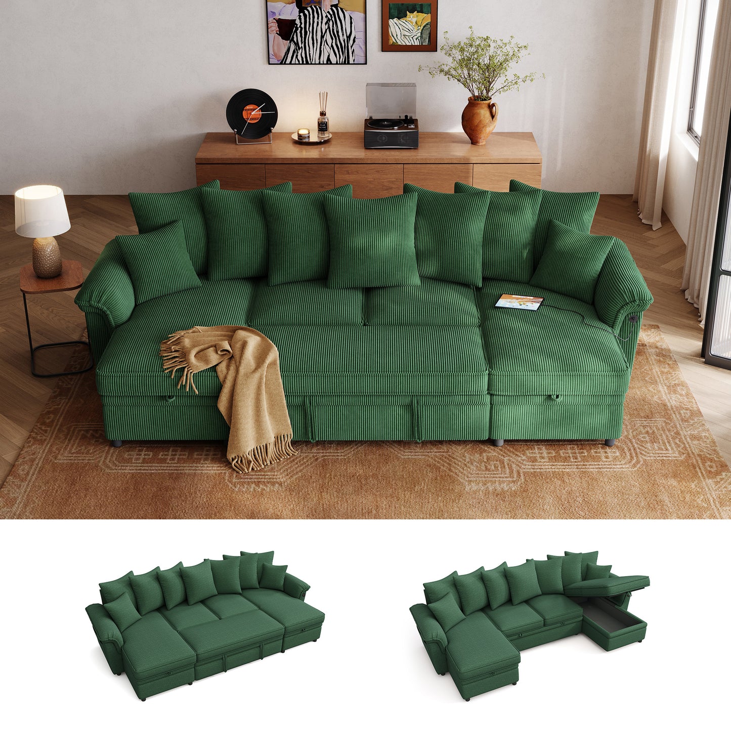 Linsy Home HS039-03 Sofa Bed with Reversible Storage Chaise, Pull Out Couch Bed with USB