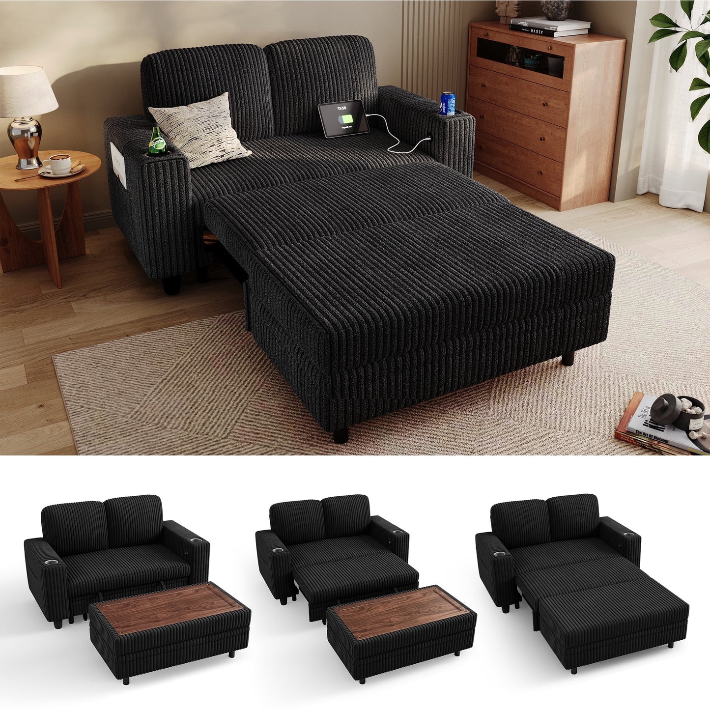 LINSY HOME Pull Out Couch Chaise Lounge, Plush Corduroy Convertible Loveseat Sofa Couch with Storage Ottoman
