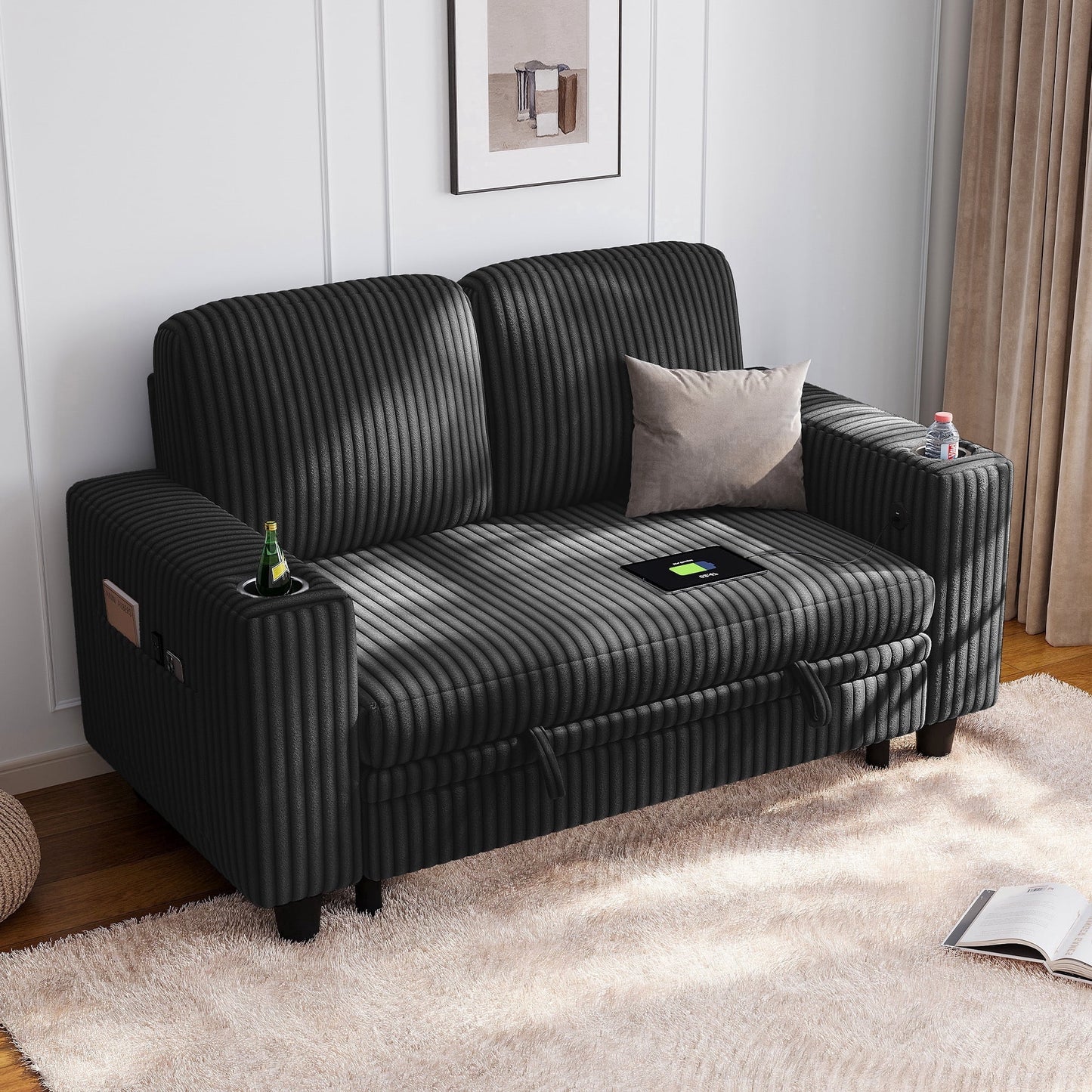 2 Seaterss Sofa Couch with USB & Cup Holder, Easy Assembly