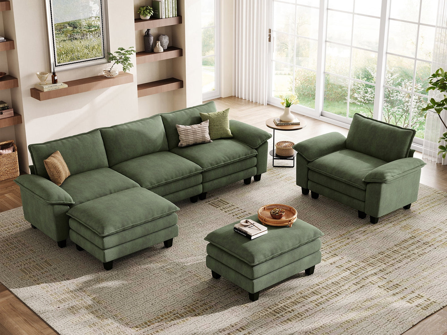 Linsy Home Oversized 4-Piece Sofa Set for Living Room, Comfy Corduroy Living Room Furniture Set Include Sectional Couch, Accent Chair and 2 Movable Ottomans