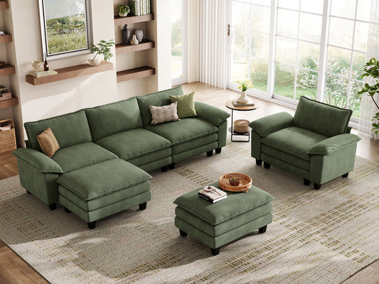 Linsy Home Oversized 4-Piece Sofa Set for Living Room, Comfy Corduroy Living Room Furniture Set Include Sectional Couch, Accent Chair and 2 Movable Ottomans