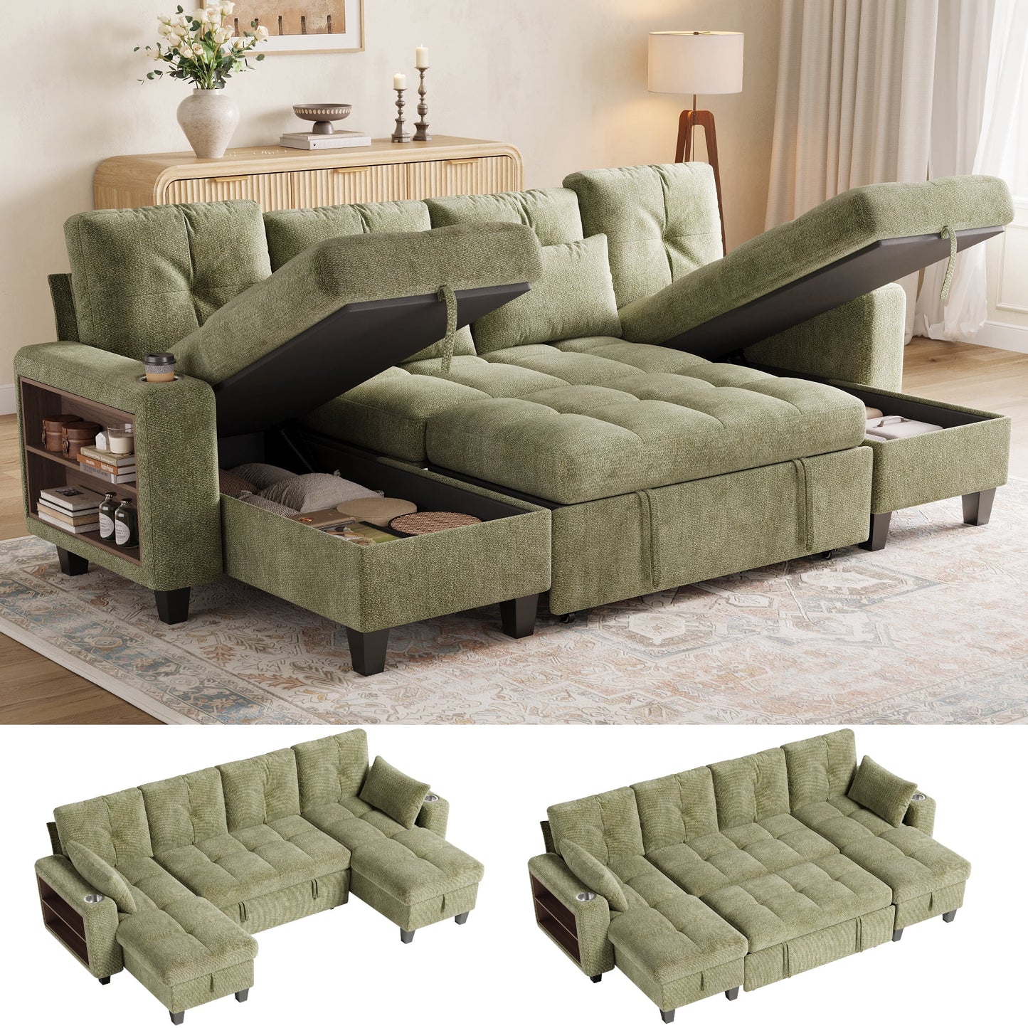 LINSY HOME 109in Modular Sectional Sofa with Pull Out Bed, Multi-functional Armrest & Storage Chaise, 4-Seat Pull Out Couch with Shelves, USB Ports & Cup Holders, Chenille Green