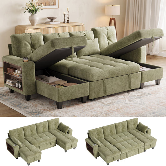 LINSY HOME 109in Modular Sectional Sofa with Pull Out Bed, Multi-functional Armrest & Storage Chaise, 4-Seat Pull Out Couch with Shelves, USB Ports & Cup Holders, Chenille Green