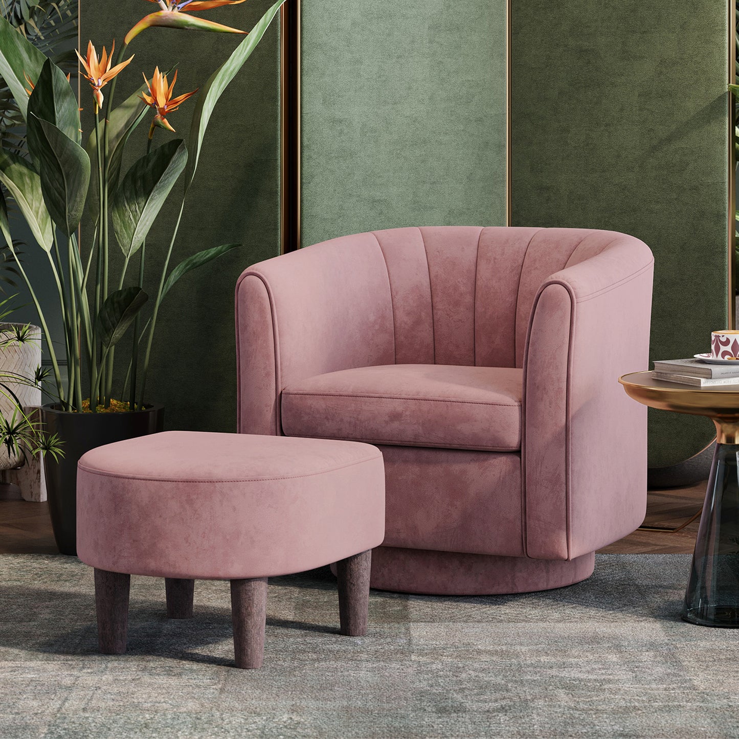 Swivel Accent Chair with Ottoman, Velvet Barrel Chair for Living Room