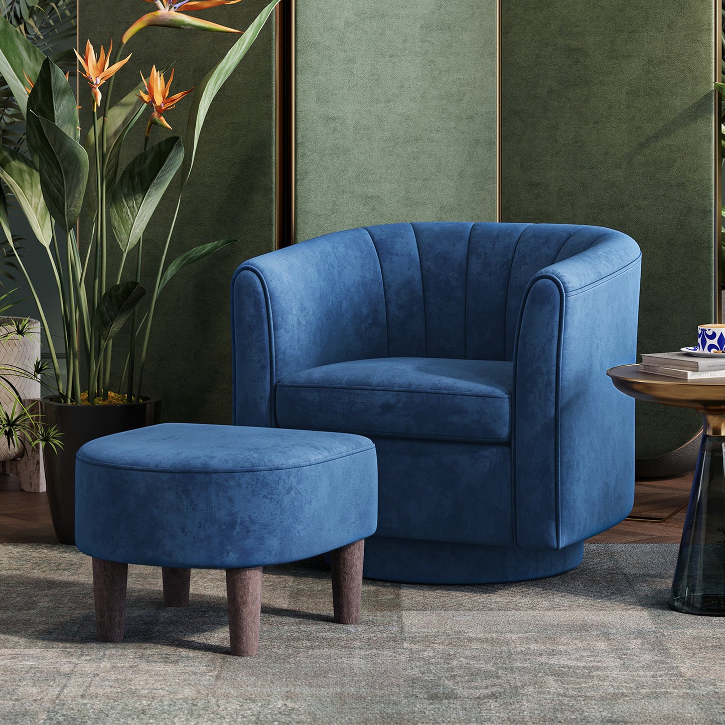 Swivel Accent Chair with Ottoman, Velvet Barrel Chair for Living Room