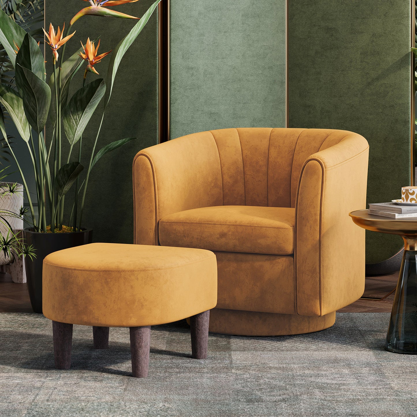 Swivel Accent Chair with Ottoman, Velvet Barrel Chair for Living Room