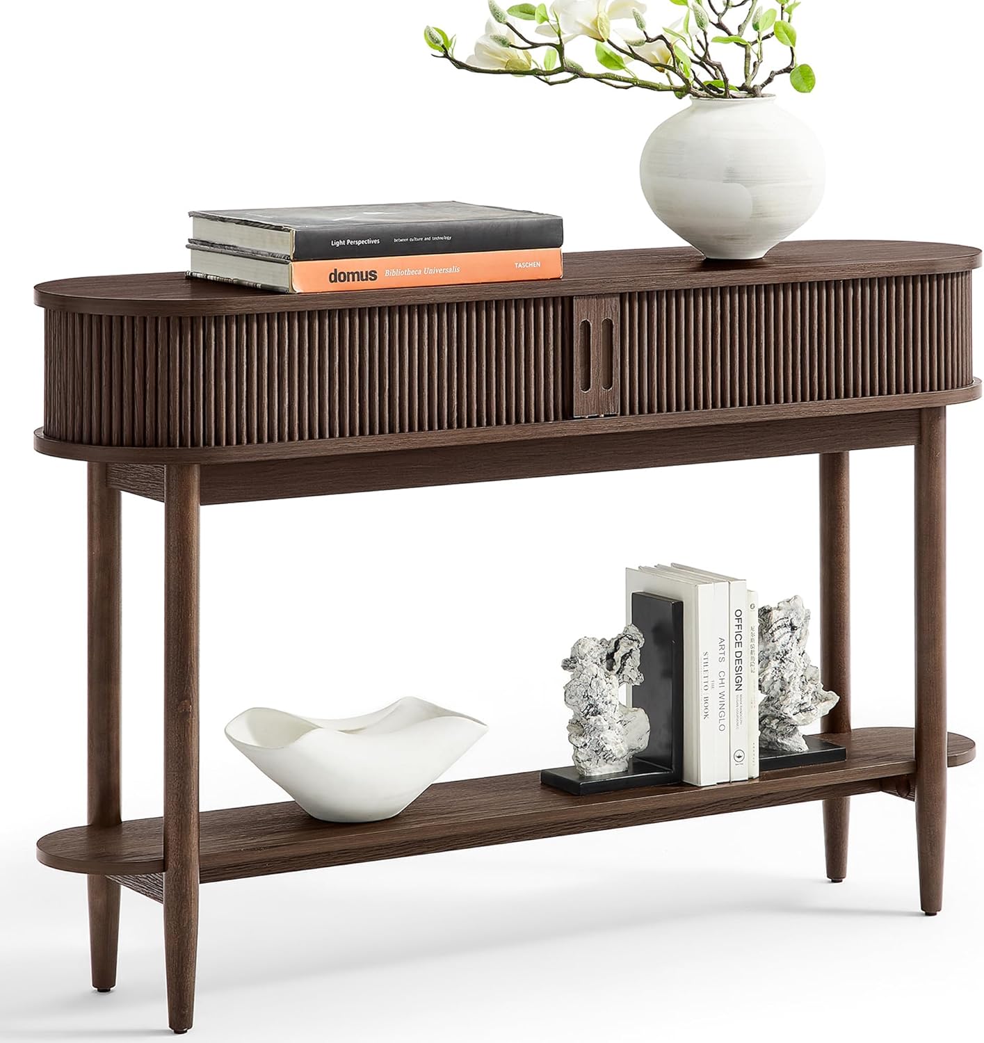 Fluted Console Table, Mid-Century Modern Entryway Cabinet with Sliding Tambour Doors
