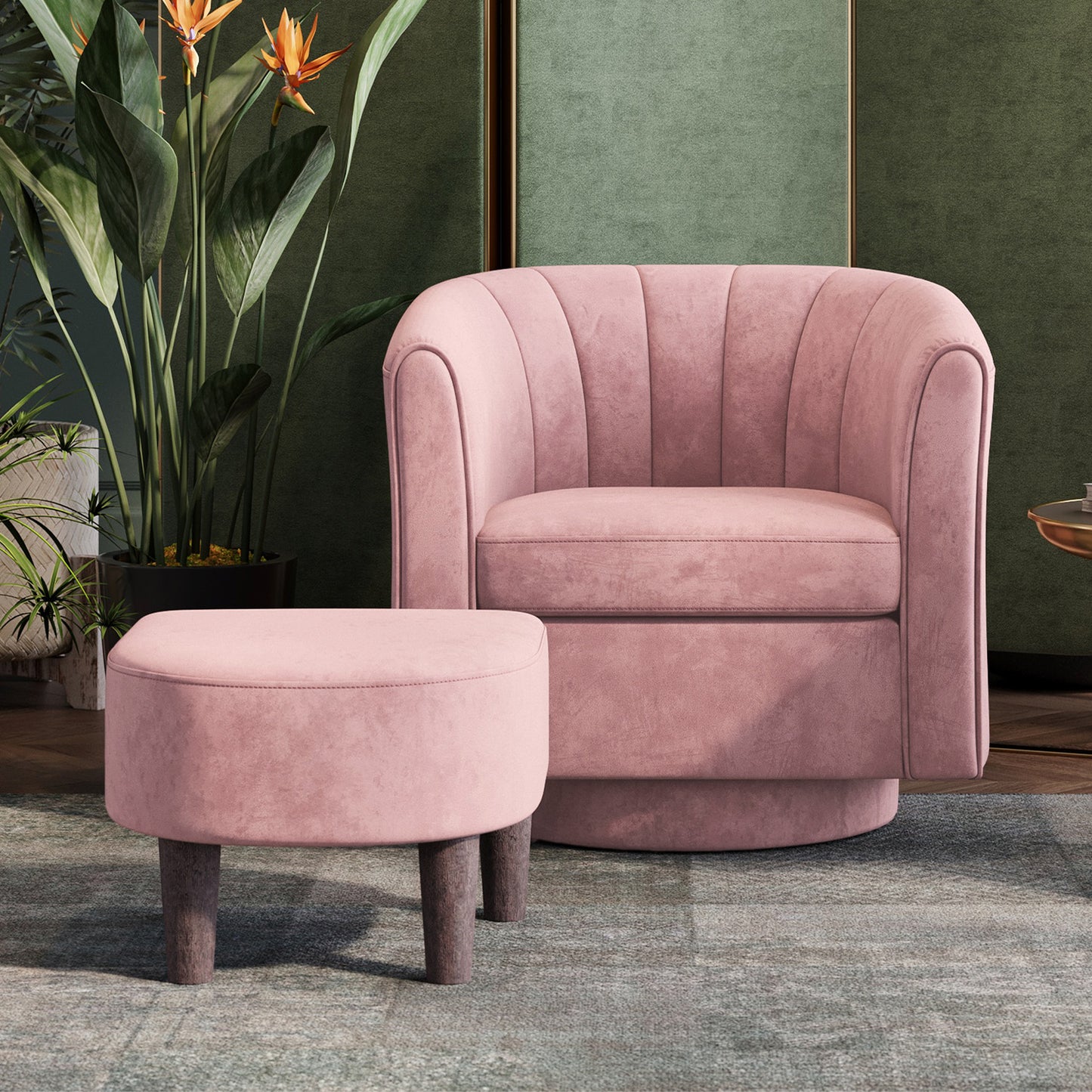 Swivel Accent Chair with Ottoman, Velvet Barrel Chair for Living Room