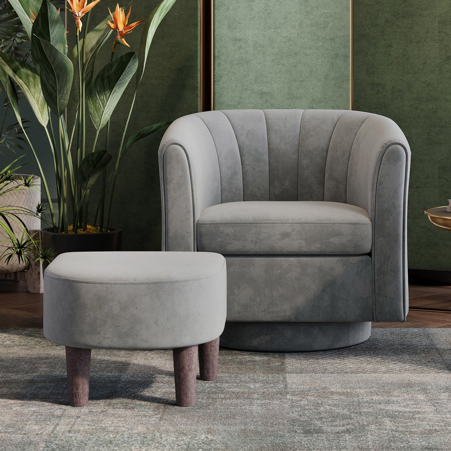 Swivel Accent Chair with Ottoman, Velvet Barrel Chair for Living Room