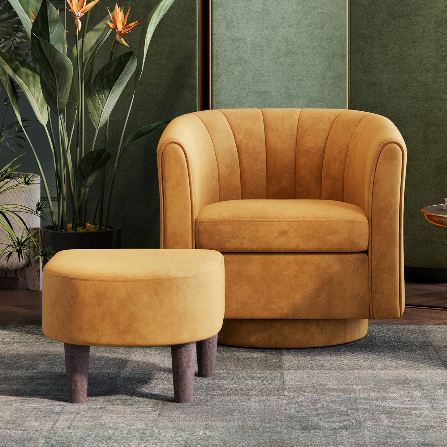 Swivel Accent Chair with Ottoman, Velvet Barrel Chair for Living Room