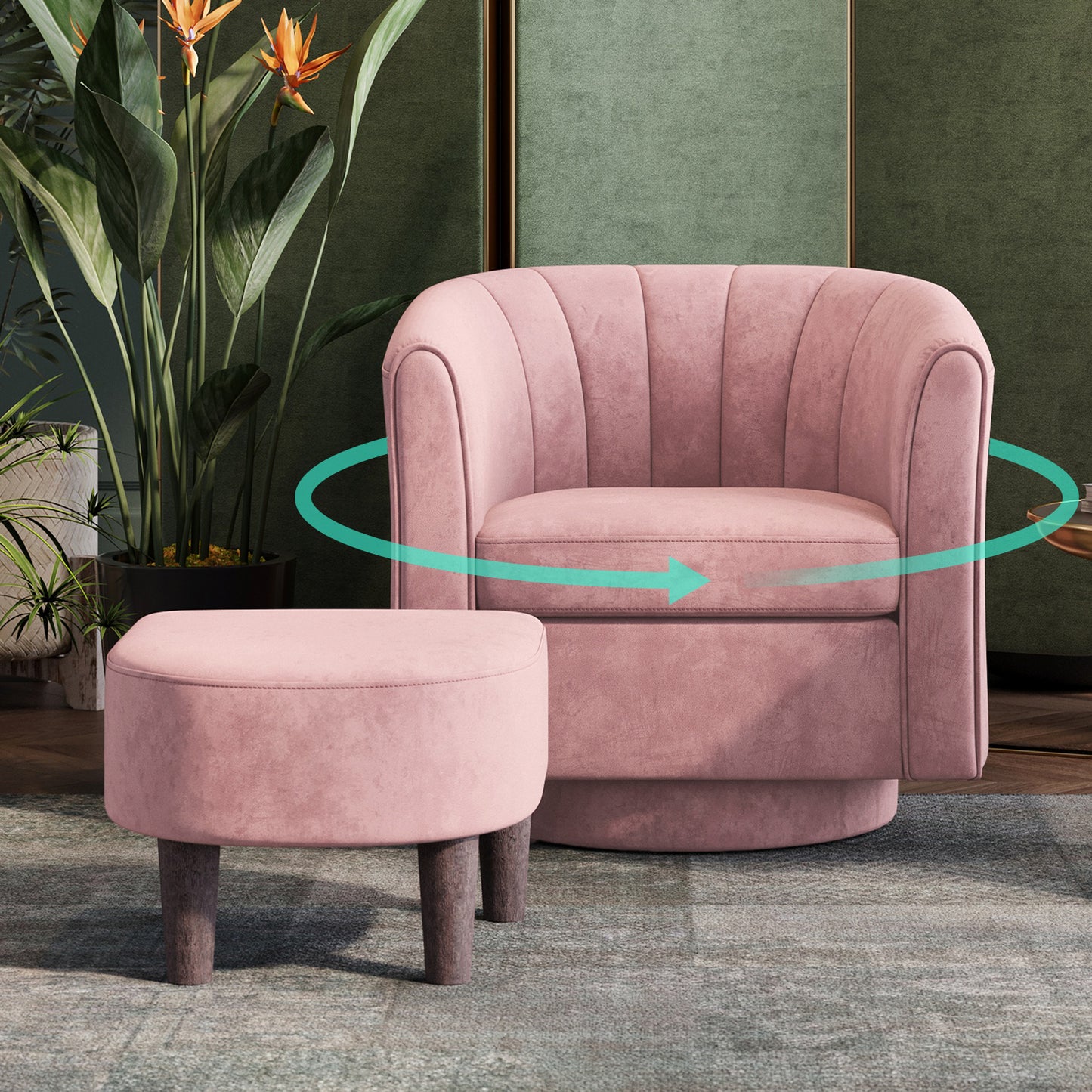 Swivel Accent Chair with Ottoman, Velvet Barrel Chair for Living Room