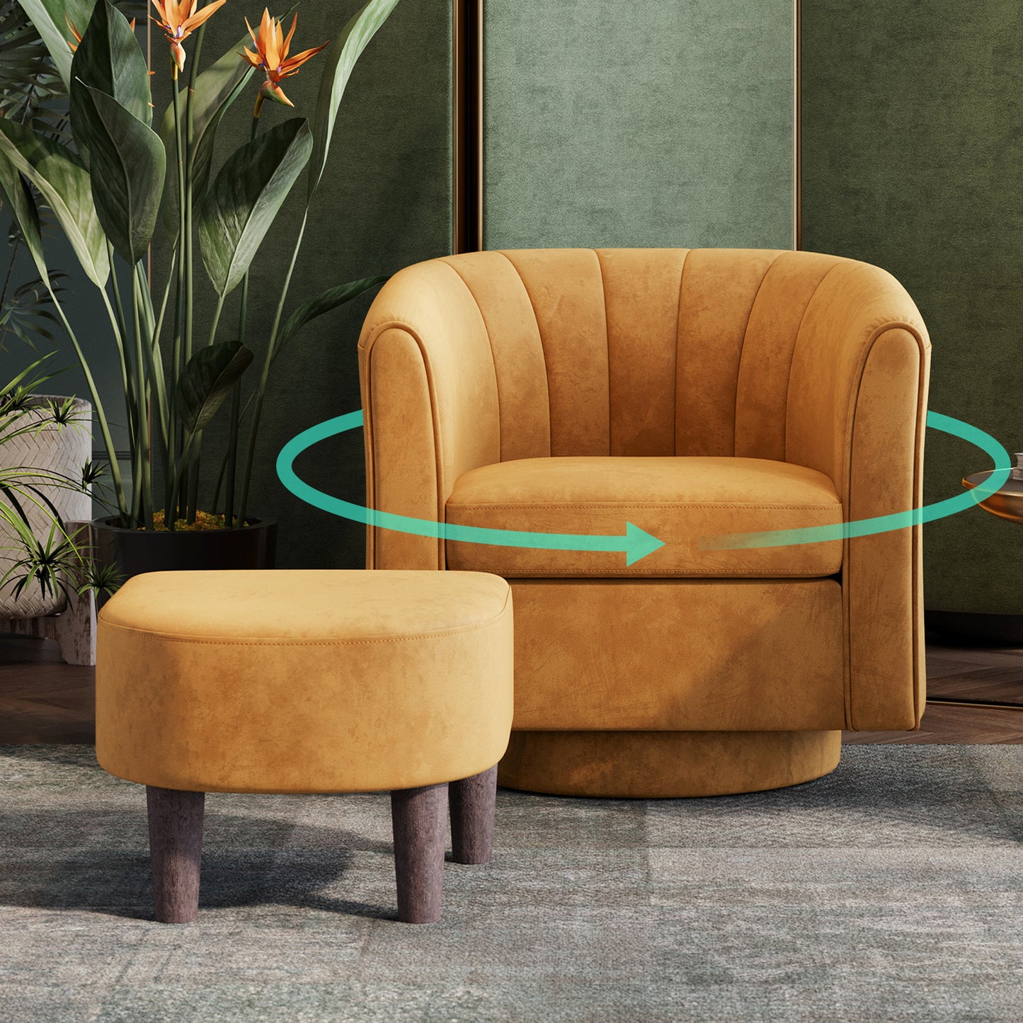 Swivel Accent Chair with Ottoman, Velvet Barrel Chair for Living Room